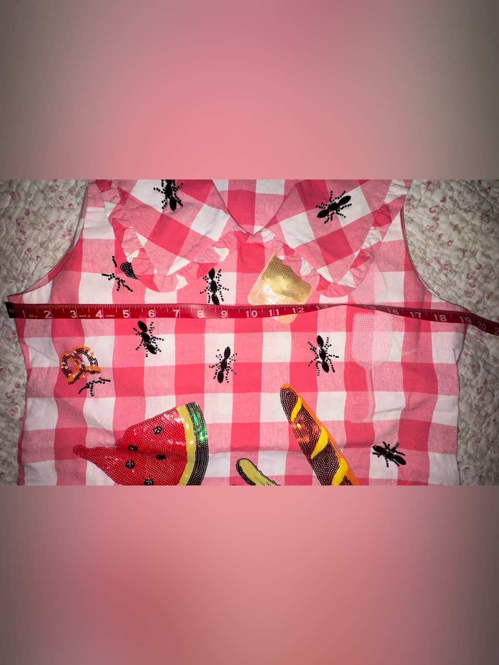 QOS 🐜 Red/White Gingham Dress 🐜 Sequined Picnic Motif 🐜 Ants are jeweles - Picture 3 of 5